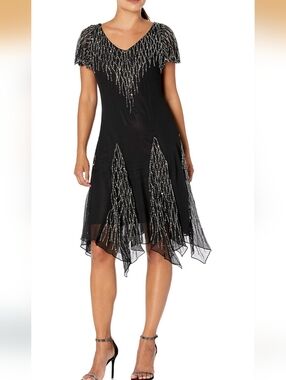 NWT Kara Plus Size Short Beaded Dress Black/ Mercury Sequin SZ 18 W